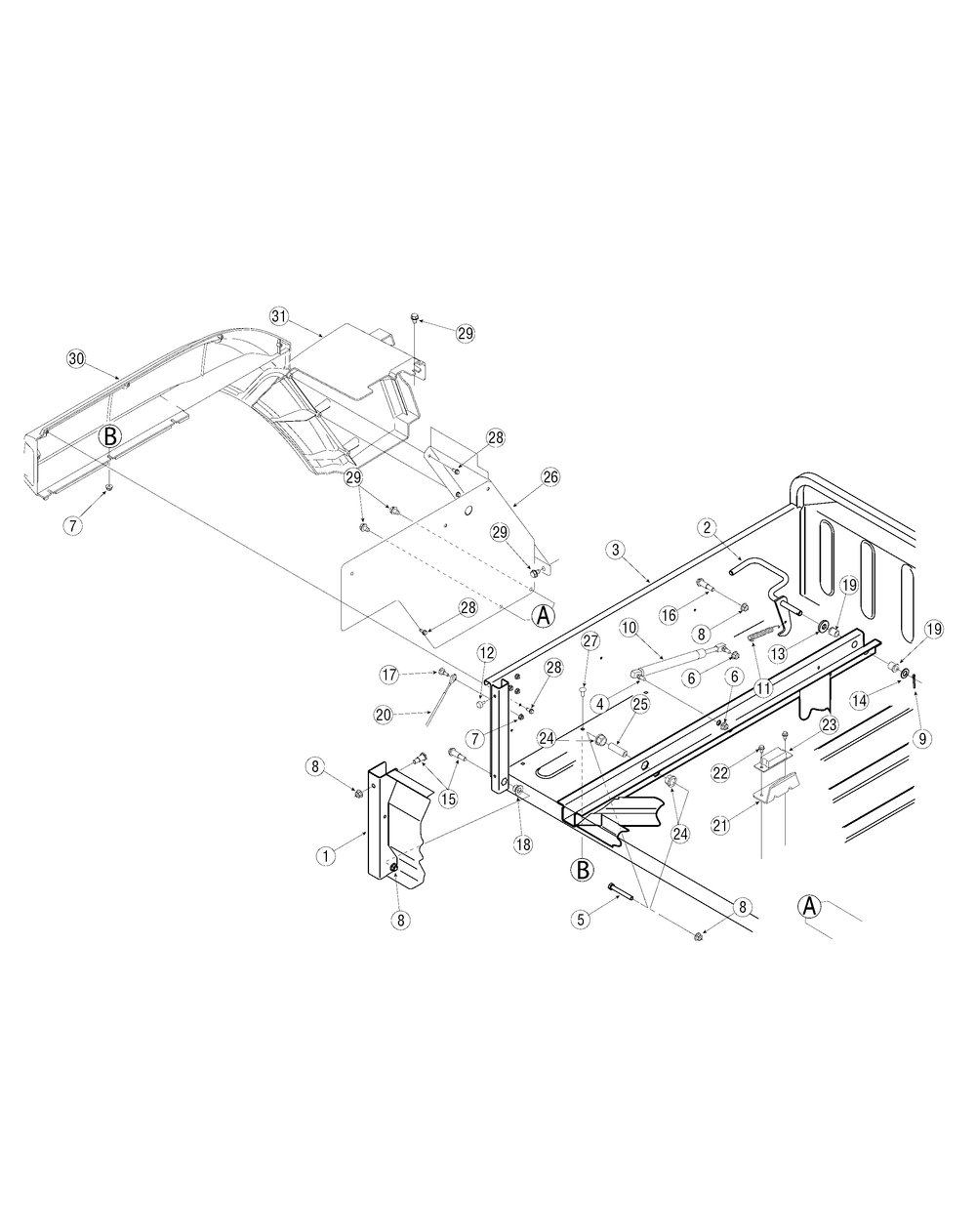Rear Left Fender And Cargo Bed Diagram and Parts List for 467 4X4-1B017G-Before-37ACD710 Cub Cadet Lawn Tractor Accessories